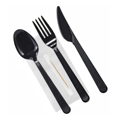 Набор-№5-(ложка+вилка+нож+зубочистка+салфетка)-черный-Премиум-ПС-ВЗЛП