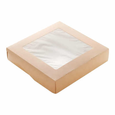 Контейнер-бумажный-1500-мл-200х200х45-квадрат-крафт-белый-с-окном-Tabox-PRO